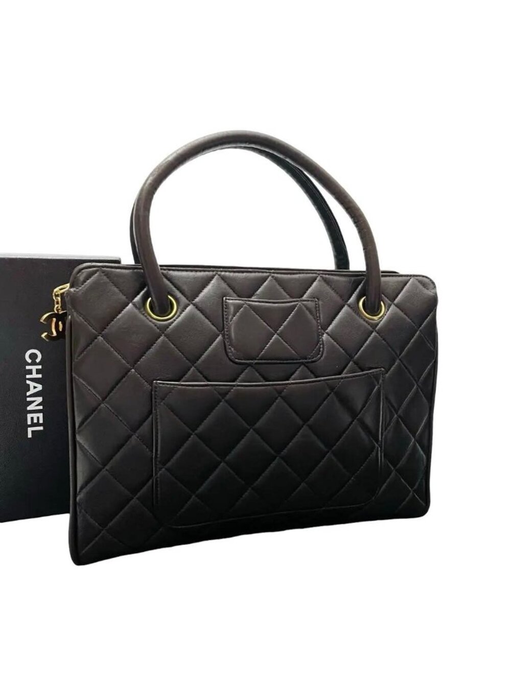 Chanel Lambskin Quilted Hand Bag CC Logo Bicolor